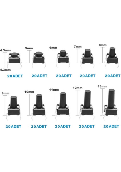 200 Adet 6X6MM Tact Buton Set 10 Farklı Yükseklikte 4 Pin Dokunmatik Anlık Basmalı Düğme Anahtar