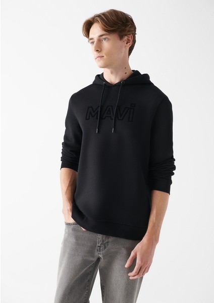 Erkek Mavi Logo Baskılı Kapüşonlu Siyah Sweatshirt 0610941-900