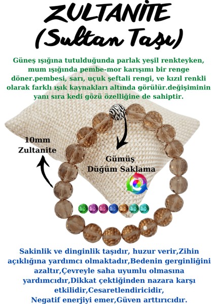 Zultanit (Sultan Taşı) Diyaspor Doğal Taş Renk Değiştiren Bileklik Faset Kesim 10 mm