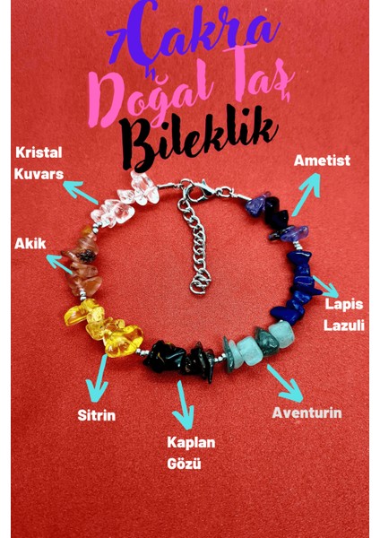 Doğal Taş 7 Çakra Bilekliği Kristal Kuvars, Ametist, Lapis , Aventurin, Kaplan Gözü, Sitrin, Akik