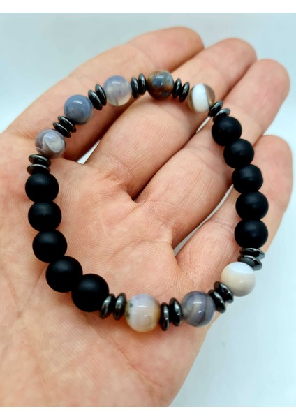Bostwana Akik , Hematit , Oniks Doğal Taş Bileklik 8mm