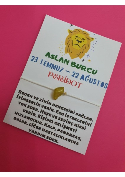 Aslan Burcu Peridot Doğal Taşlı Ip Burç Bilekliği