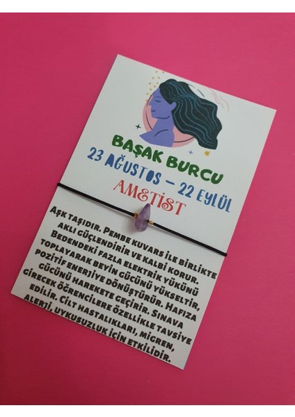 Başak Burcu Ametist Doğal Taşlı Ip Burç Bilekliği