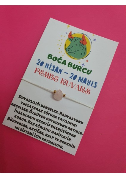 Boğa Burcu Pembe Kuvars Doğal Taşlı Ip Burç Bilekliği