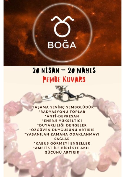 Burç Taşı Boğa Burcu Pembe Kuvars Taşı Bileklik