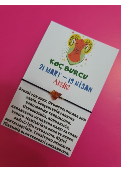 Koç Burcu Akik Doğal Taşlı Ip Burç Bilekliği