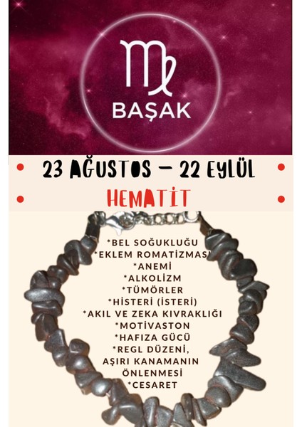 Burç Taşı Başak Burcu Hematit Taşı Bileklik