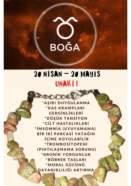 Burç Taşı Boğa Burcu Unakit Taşı Bileklik