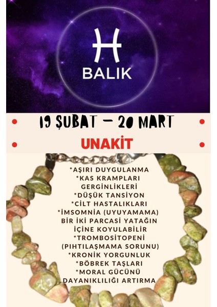 Burç Taşı Balık Burcu Unakit Taşı Bileklik