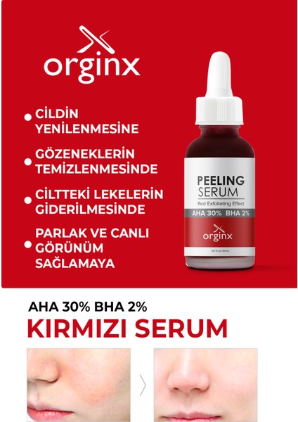 Canlandırıcı & Cilt Tonu Eşitleyici Yüz Kırmızı Peeling Serum 30 ml (Aha 10% + Bha 2%)