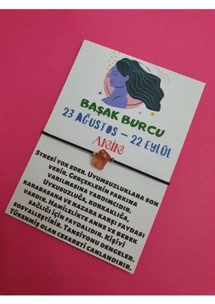 Başak Burcu Akik Doğal Taşlı Ip Burç Bilekliği