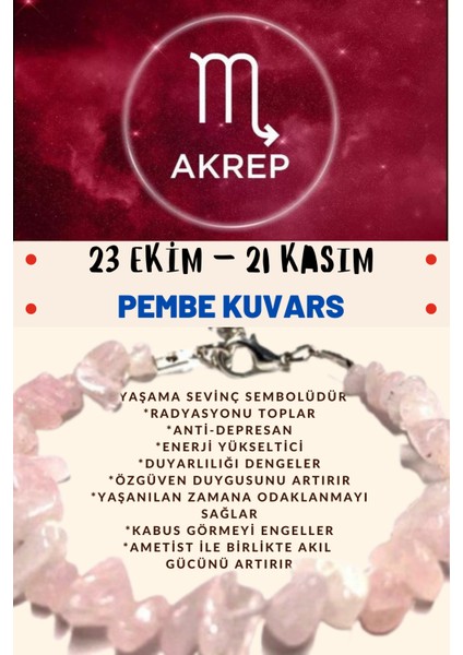 Burç Taşı Akrep Burcu Pembe Kuvars Taşı Bileklik