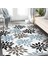 Siyah - Mavi Zeminde Yaprak Motifli Modern Sanat Desenli Floral Baskılı Makinede Yıkanabilir Kaymaz Taban Saçaklı Halı 1