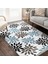 Siyah - Mavi Zeminde Yaprak Motifli Modern Sanat Desenli Floral Baskılı Makinede Yıkanabilir Kaymaz Taban Saçaklı Halı 3
