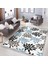 Siyah - Mavi Zeminde Yaprak Motifli Modern Sanat Desenli Floral Baskılı Makinede Yıkanabilir Kaymaz Taban Saçaklı Halı 5