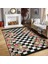 Damalı Zeminde Damask Motifli Çiçek Desenli Floral Geometrik Dijital Baskılı Makinede Yıkanabilir Kaymaz Taban Saçaklı Halı 1