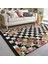 Damalı Zeminde Damask Motifli Çiçek Desenli Floral Geometrik Dijital Baskılı Makinede Yıkanabilir Kaymaz Taban Saçaklı Halı 2