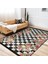 Damalı Zeminde Damask Motifli Çiçek Desenli Floral Geometrik Dijital Baskılı Makinede Yıkanabilir Kaymaz Taban Saçaklı Halı 3