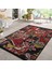 Siyah - Kırmızı Zeminde Patchwork Motifli Kanaviçe Desenli Vintage Floral Dijital Baskılı Makinede Yıkanabilir Kaymaz Taban Saçaklı Halı 2