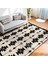 Siyah - Krem Zeminde Kilim Motifli Geometrik Desenli Geometrik Dijital Baskılı Makinede Yıkanabilir Kaymaz Taban Saçaklı Halı 5