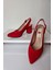 AY52 Bilekten Bağlı Kadın Kalın Topuklu Ayakkabı Kırmızı Süet 2