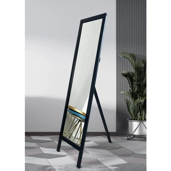 Hediyeler Kapında Siyah Doğal Ahşap  Ayaklı Boy Aynası 145 x 40 cm