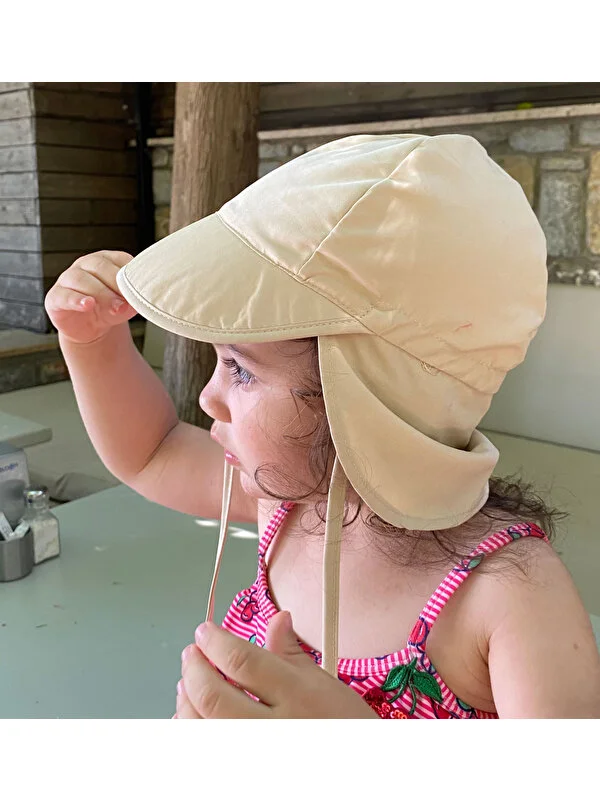 Yorni Flap Lejyoner, Ense Korumalı, Boyundan Bağlamalı, Çocuk Bebek Güneş Şapka, Ekoteks 100 Sertifikalı Bej