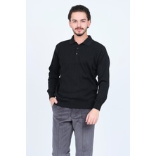 Woolen World Erkek Desenli Polo Yaka Triko Yün Kazak 5597141 Siyah