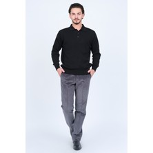 Woolen World Erkek Desenli Polo Yaka Triko Yün Kazak 5597141 Siyah