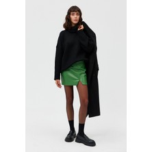 AÇELYAOKCU Yüksek Bel Yırtmaç Detaylı Vegan Deri Etek