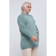 İlmek Kadın Büyük Beden Kolu Saç Örgülü Cepli Kışlık Triko Tunik 4372