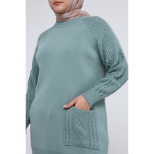İlmek Kadın Büyük Beden Kolu Saç Örgülü Cepli Kışlık Triko Tunik 4372