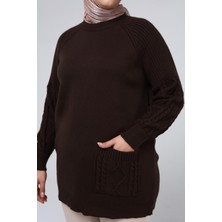 İlmek Kadın Büyük Beden Kolu Saç Örgülü Cepli Kışlık Triko Tunik 4372