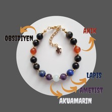 Artaril Olumlu Düşünce Altın Kaplama Doğal Taş Ayarlanabilir Bileklik Obsidiyen Akik Lapis Akuamarin Ametist 8mm