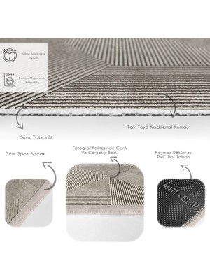 RealHomes Krem Zeminde Dokuma Motifli Geometrik Desenli Geometrik  Dijital Baskılı Makinede Yıkanabilir Kaymaz Taban Saçaklı Halı