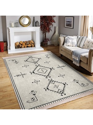 RealHomes Bej Zeminde Bohem Motifli Kilim Desenli Etnik Motifler Dijital Baskılı Makinede Yıkanabilir Kaymaz Taban Saçaklı Halı