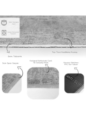 RealHomes Gri Zeminde Dokuma Motifli Eskitme Desenli Eskitme Motifli  Baskılı Makinede Yıkanabilir Kaymaz Taban Saçaklı Halı
