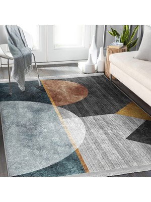 RealHomes Geometrik Zeminde Dokuma Halı Motifli Çizgili Desenli Geometrik Klasik  Dijital Baskılı Makinede Yıkanabilir Kaymaz Taban Saçaklı Halı