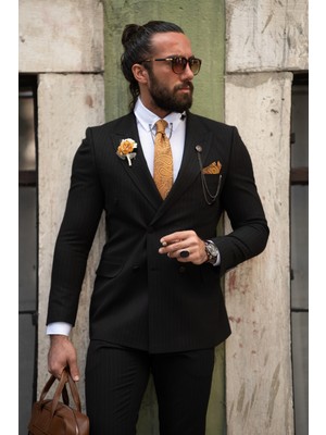 Sardınelli Çizgi Detay Slim Fit Kruvaze Takım Elbise