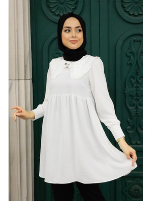 Neva Style - Bebe Yaka Ekru Tesettür Tunik 556E