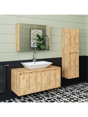 Roomart Lavabolu Mat Ahşap Mdf 100CM Banyo Dolabı+Aynalı Banyo Üst Dolabı+Banyo Boy Dolabı