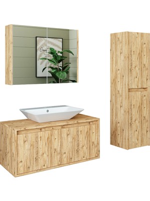 Roomart Lavabolu Mat Ahşap Mdf 100CM Banyo Dolabı+Aynalı Banyo Üst Dolabı+Banyo Boy Dolabı