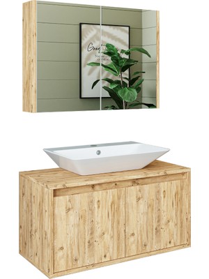 Roomart Lavabolu Mat Ahşap Mdf 85 cm Banyo Dolabı + Aynalı Banyo Üst Dolabı