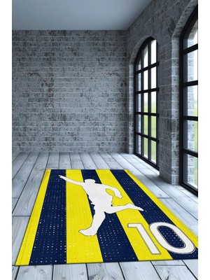 Homshtag Efsane 10 Sarı Lacivert Pamuklu Dokuma Tabanlı Yıkanabilir Kaymaz Futbol Sever Halısı