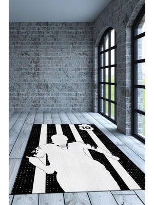 Homshtag Efsane 10 Siyah Beyaz Pamuklu Dokuma Tabanlı Yıkanabilir Kaymaz Dekoratif Futbol Sever Halısı