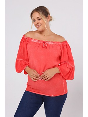 Zer Otantik Yıkamalı Kolu Volanlı Büyük Beden Bluz Mercan