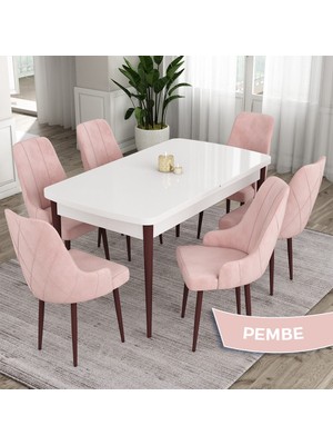 Canisa Concept Eta Serisi 80 x 132 cm Mdf Açılabilir Masa Takımı Beyaz Masa Kahve Ayak 6 Sandalye