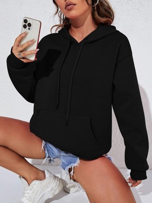DAXİS Sportwear Company Daxis Kapüşonlu Unisex Oversize Siyah Sweatshirt Uzun Kol Düz Renk Tasarımı ile Şık