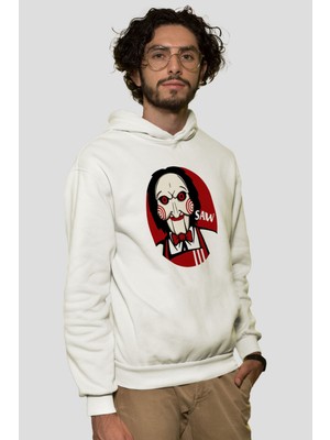 Tişört Fabrikası Sawbaskılı Unisex Beyaz Kapşonlu Sweatshirt