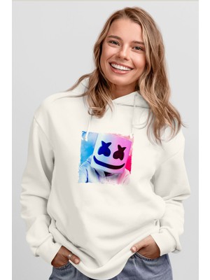 Marshmellobaskılı Unisex Beyaz Kapşonlu Sweatshirt